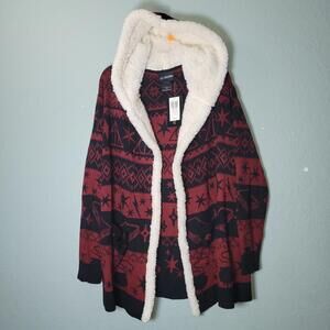 NWT Harry Potter Deathly Hallows Fair Isle Sherpa Hooded Cardigan Burgundy sz XL